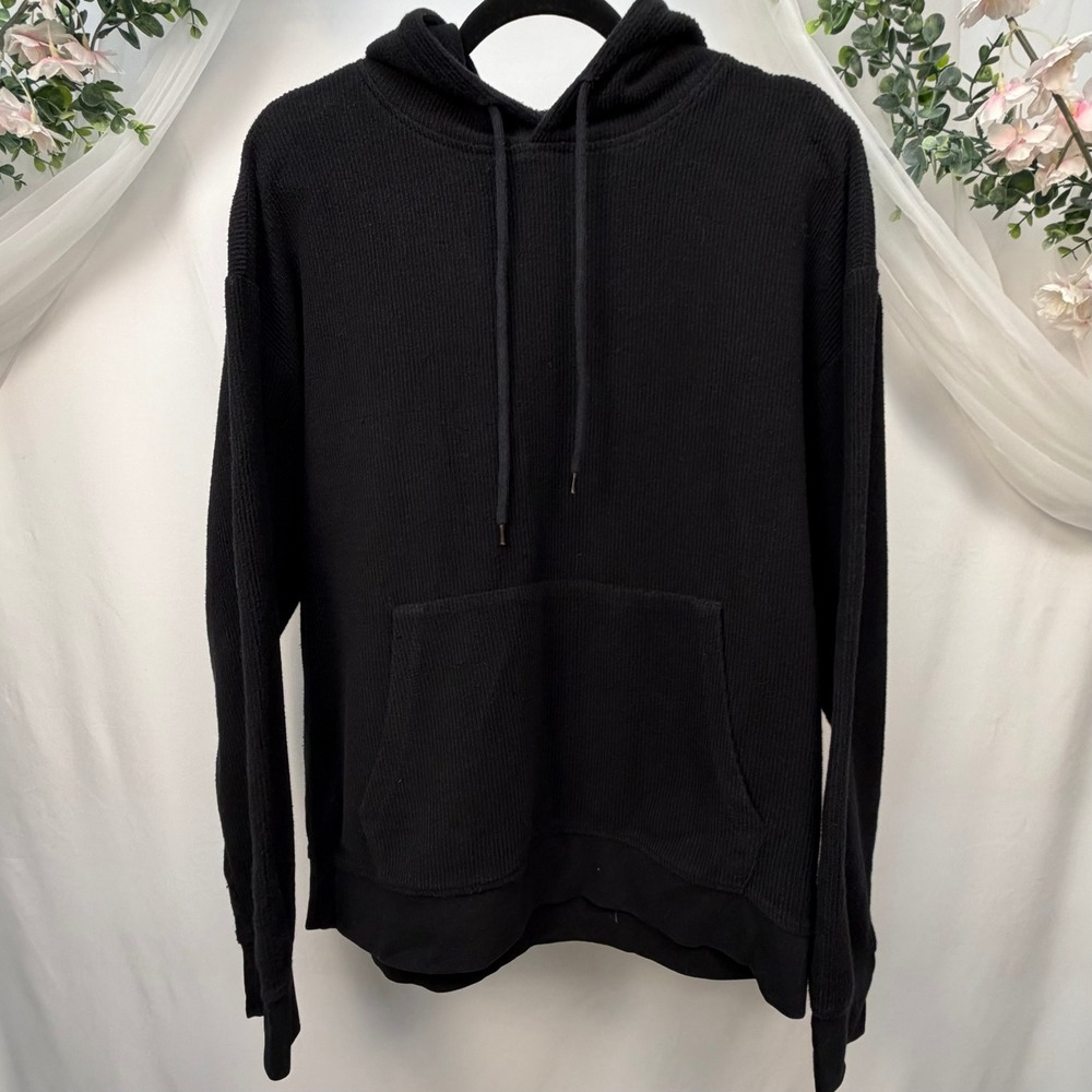 Black Corduroy Textured Knit Pullover Hoodie Kangaroo Pocket Long Sleeve